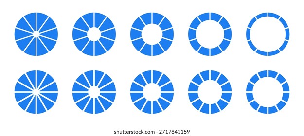 Circule a divisão em 10, 12 partes iguais. Roda redonda dividiu diagramas dez, doze segmentos. Conjunto de infográficos. Coaching em branco. Layouts de azul do gráfico de seção. Pizza, ícones do gráfico de pizza. Ícone de gráficos de rosca de estrutura de tópicos