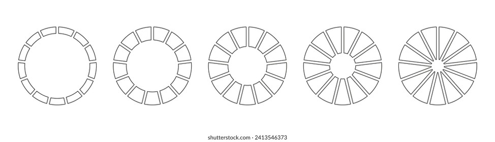 Circle division on 13 equal parts. Wheel divided diagrams with  thirteen segments. Set of simple infographic. Coaching blank. Circles section graph line art. Outline donut charts or pies icons.