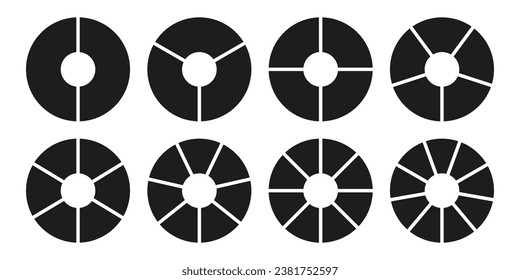 División circular de 2, 3, 4, 5, 6, 7, 8, 9 partes iguales. Conjunto de infografías. Los diagramas de redondeo de rueda divididos con dos, tres, cuatro, cinco, seis, siete, ocho, nueve segmentos. Gráficos de donut, pasteles. Gráfico vectorial.