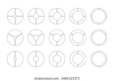 Circle division on 2, 3, 4 equal parts. Wheel round divided diagrams with two, three, four segments. Set of infographic. Coaching blank. Section graph. Pie, pizza chart icons. Outline donut charts.