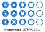 Circle division on 6, 7, 8 equal parts. Infographic wheel round divided blue diagrams six, seven, eight segments. Coaching blank. Section flat graph. Set of pie, pizza chart icons. Donut empty charts.