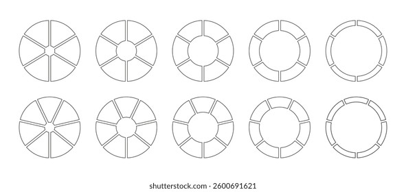 Circle division on 6, 7 equal parts. Wheel round divided diagrams, six, seven segments. Infographic set. Coaching blank. Section graph line art. Pie, pizza chart icons. Outline minimalist donut chart.