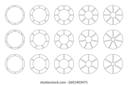 Circle division on 6, 7, 8 equal parts. Wheel round divided diagrams, six, seven, eight segments. Coaching blank. Set of Infographic. Section graph line art. Pie, pizza chart icon. Outline donut chart