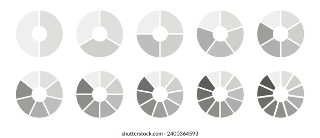 Circle division on equal parts. Wheel divided diagrams with two, three, four, five, six, seven, eight, nine, ten, eleven segments. Infographic monochrome set. Coaching simple blanks. Vector template.