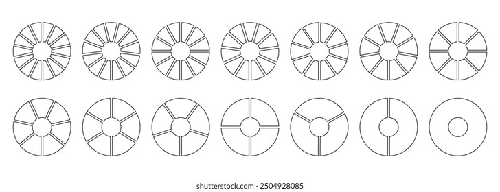 División circular a partes iguales. Diagramas divididos redondos de rueda con segmentos. Entrenamiento en blanco. Conjunto de infografía. Gráfico de sección línea de arte. Pastel, iconos de pizza. Esquema de gráficos de donas.