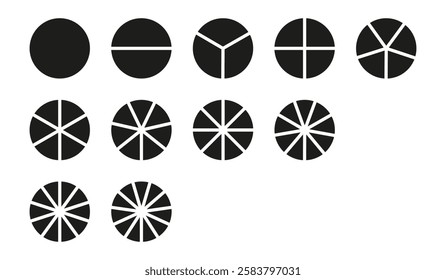 Circle division on equal parts from 1 to 11. Infographic minimalist set. Coaching blank. Pie, pizza chart templates. Wheel round divided diagrams with segments.