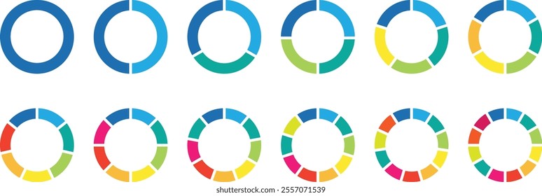 Circle division Pie chart icon set. Circle diagram collection with sections or parts. Colorful Pie chart divided 1, 2, 3, 4, 5, 6, 7, 8, 9, 10, 11, 12 equal parts. Pie chart set. Segmented circle icon