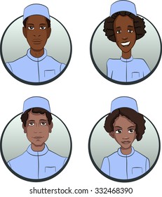 Circle doctors team icons set in flat style - Avatars of persons of different nationalities are multiethnic images of people. African American people