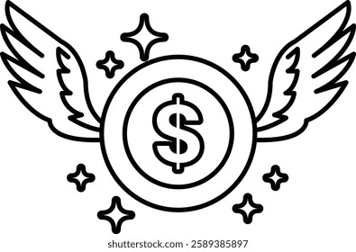 A circle with a dollar sign in the middle and two wings on either side