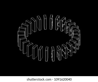 Circle of dominoes. Isolated on black background. Vector outline illustration. Isometric projection.