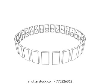Circle of dominoes. Isolated on white background.Vector outline illustration. 