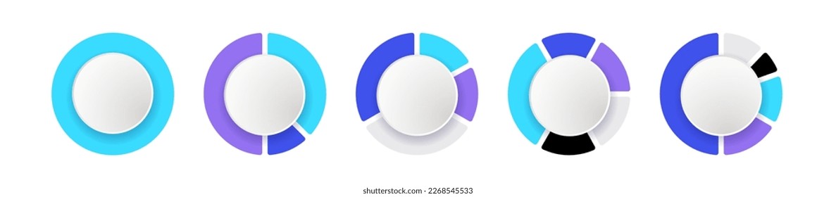 Circle donut charts for infographic. Colorful diagram collection with 1,3,4,5 sections and steps. Pie chart for data analysis and web design. Vector illustration isolated on white background