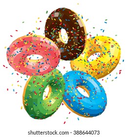 Circle of Donuts with Sprinkles and Glaze Isolated on White. Lowpoly Vector Illustration.