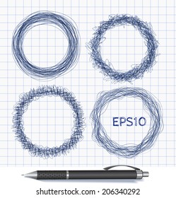 Circle doodle borders, hand-drawn with pen. Vector illustration. 