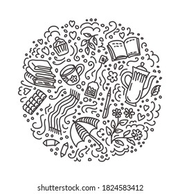 Circle doodle pattern. Autumn print. Coffee, books, tea, teapot, umbrella vector doolde illustration.