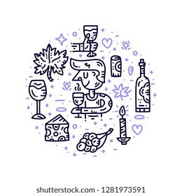 Circle doodle style wine banner. Vector line illustration. Wine shop concept