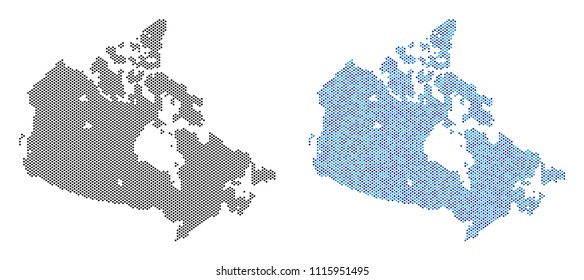 Circle dot Canada map variants. Vector territorial plans in black color and cold blue color tones. Abstract collage of Canada map composed with sphere point pattern.