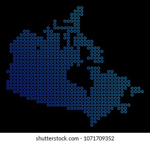 Circle dot canada map. Vector geographic map in blue gradient colors on a black background. Vector composition of Canada Map composed of circle dots.