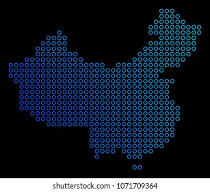Circle dot china map. Vector geographic map in blue gradient colors on a black background. Vector mosaic of China Map combined of round dots.
