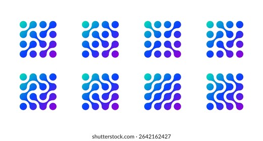 Circle dot connect logo, abstract molecule tech network. Vector science integration and symbol patterns. Metaball shape blobs merge into fluid drops. Medical innovation laboratory icon. Collagen atom