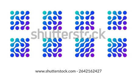 Circle dot connect logo, abstract molecule tech network. Vector science integration and symbol patterns. Metaball shape blobs merge into fluid drops. Medical innovation laboratory icon. Collagen atom