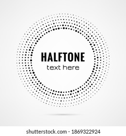 Circle dot frame. Circular border with effect halftone. Modern faded ring. Semitone shape round. Point sphere boarder. Dotted geometric pattern. Graphic small dots element for design prints. Vector