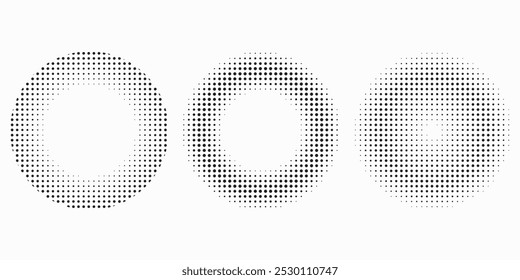 Marco de punto circular. Borde circular con efecto semitono. Anillo moderno descolorido. Forma de semitono redondeado. Bola de la pensión. Patrón geométrico punteado