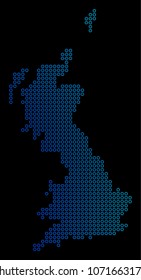 Circle dot great britain map. Vector geographic map in blue gradient colors on a black background. Vector mosaic of Great Britain Map done of circle dots.