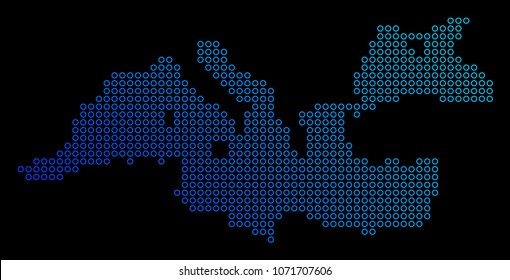 Circle dot mediterranean sea map. Vector geographic map in blue gradient colors on a black background. Vector composition of Mediterranean Sea Map composed of circle elements.