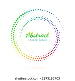 Circle dot pattern. Faded rainbow color circular. Halftone dots frames. Fading gradient spiral. Iridescent texture. Boarder round fadew shape. Fades wavy ring. Neon radial border. Vector illustration