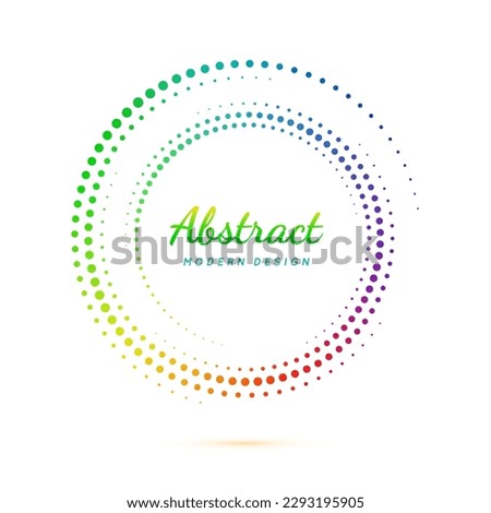 Circle dot pattern. Faded rainbow color circular. Halftone dots frames. Fading gradient spiral. Iridescent texture. Boarder round fadew shape. Fades wavy ring. Neon radial border. Vector illustration