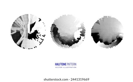 Circle with dot pattern in grunge techno style. Halftone geometric shape - design element, logo, icon. Vector illustration