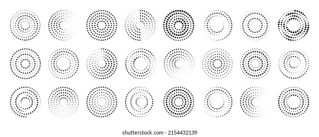 Circle dot pattern. Halftone round dot pattern. Spiral halftone frame. set of abstract ripple patterns. Circular graphic textures isolated on white background. Half tone elements. Vector.