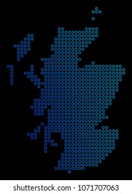 Circle dot scotland map. Vector geographic map in blue gradient colors on a black background. Vector collage of Scotland Map composed of small circles.