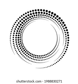 Circle dot spiral. Rotate frame. Futuristic ring with effect halftone. Border ripple. Modern abstract faded circle. Semitone dots. Arc shape spin round. Circular radial boarder. Swirl patern. Vector 