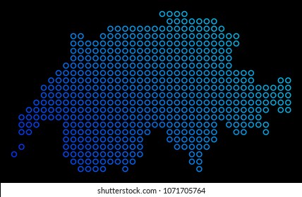 Circle dot swissland map. Vector geographic map in blue gradient colors on a black background. Vector concept of Swissland Map made of circle dots.