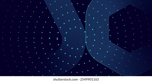 Circle dot technology line withe modern dark blue abstract horizontal banner background with glowing geometric lines background