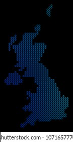 Circle dot united kingdom map. Vector geographic map in blue gradient colors on a black background. Vector mosaic of United Kingdom Map constructed of circle dots.