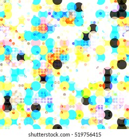 Circle dots background. Seamless. White, blue, yellow, red, black.  Abstract vector pattern