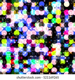 Circle dots background. Seamless. White, blue, yellow, pink, black, green.  Abstract vector pattern for fabric, printing, home design, book cover.
