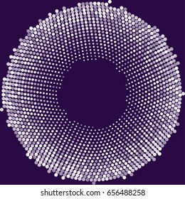 Circle with dots for Design Project. Halftone effect vector illustration. Colorful dots on white background. Purple background. Round frame design template.