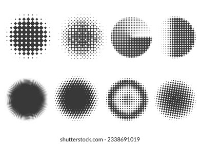 Los puntos de círculo con patrón de medio tono. Fondo de degradado redondo. Elementos con textura de puntos de gradación. Formas geométricas abstractas. Conjunto de vectores.