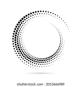 Circle dots spiral. Frame randomly dot. Futuristic ring with effect halftone. Border curved. Abstract faded circle. Semitone wavy shapes spin rounded. Circular radial boarder. Swirl patern. Vector