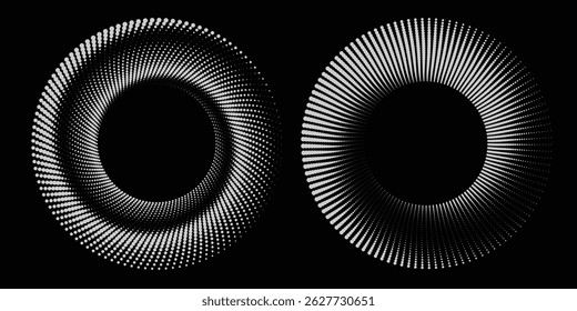 Textura de pontos de círculo isolada em fundo branco. Vetor abstrato elemento de design espiral círculo som onda vetor logotipo moderno preto e branco
