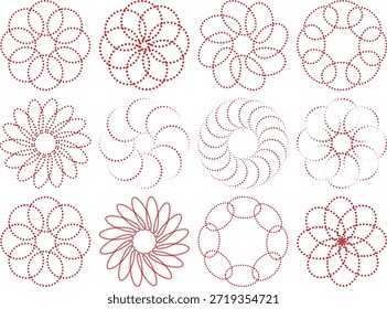 círculo salpicado patrón geométrico floral conjunto aislado fondo transparente, PNG conjunto de Formas de puntos de flores circulares de colores, punto rojo circular mandala floral diseño de Vector geométrico