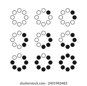 Circle dotted loading icon. Throbber icon. Progress round loader. Dotted progress time design element. Web download time symbol. Vector illustration isolated on the white background. Animation frames.