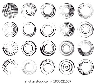 Circle dotted speed lines. Abstract round halftone circle frames, rotating dotted circle shapes. Halftone round elements vector illustration set. Geometric art, radial border for logo