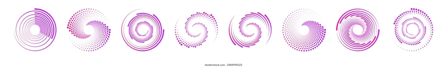 Circle dotted speed lines. Abstract round halftone circle frames, rotating dotted circle shapes. Big collection of round Logos.	