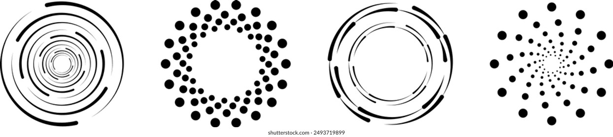 Circle dotted speed lines. Abstract round halftone circle frames, rotating dotted circle shapes. Big collection of round Logos.	