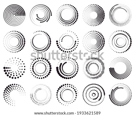 Circle dotted speed lines. Abstract round halftone circle frames, rotating dotted circle shapes. Halftone round elements vector illustration set. Geometric art, radial border for logo